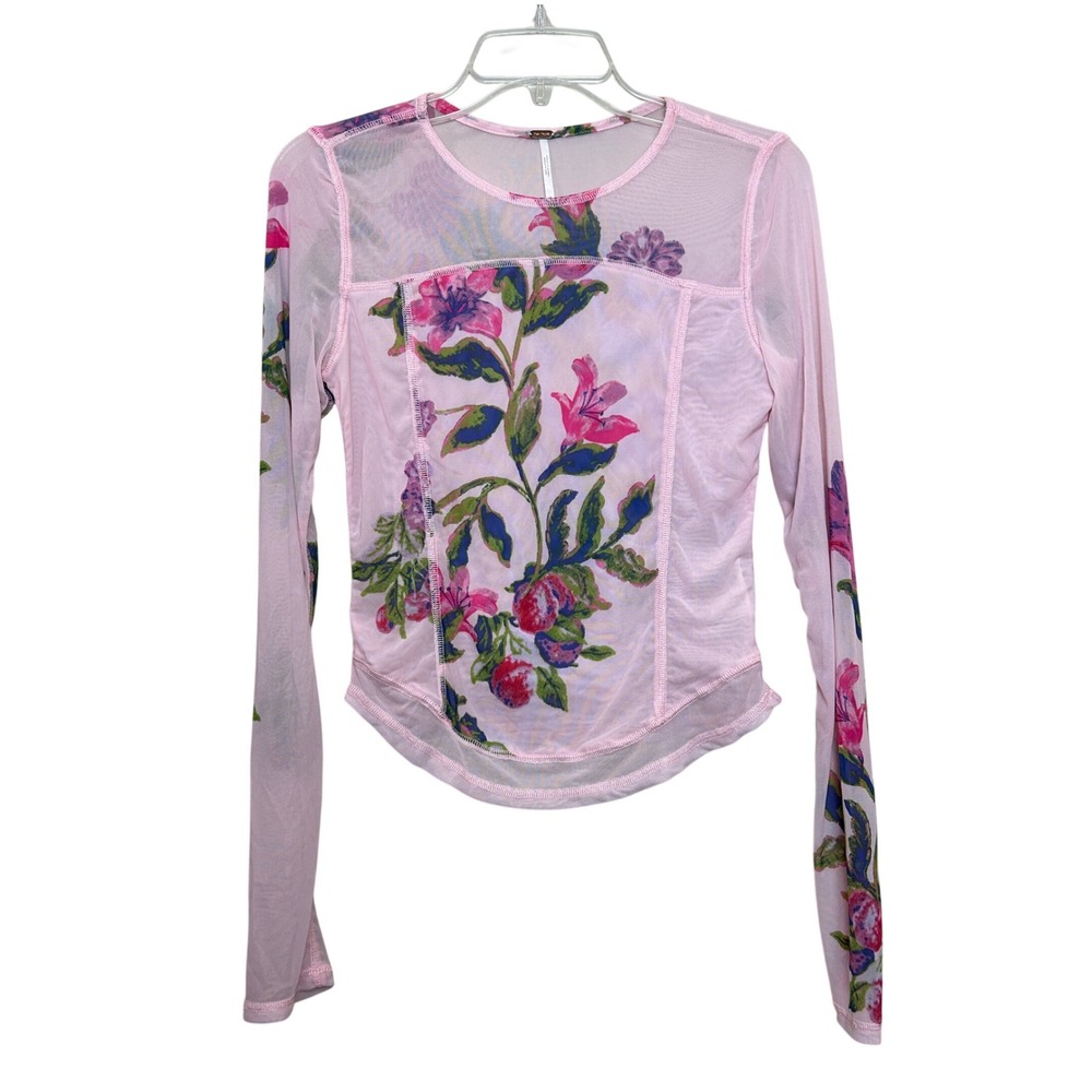 Free People Mesh Betty Garden Top Womens Medium Pink Floral Fairycore Sheer Boho